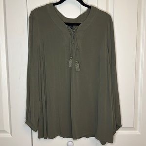 NWOT Torrid Sheer V Neck Tie Olive Green Long Sleeve Plus Size 1X